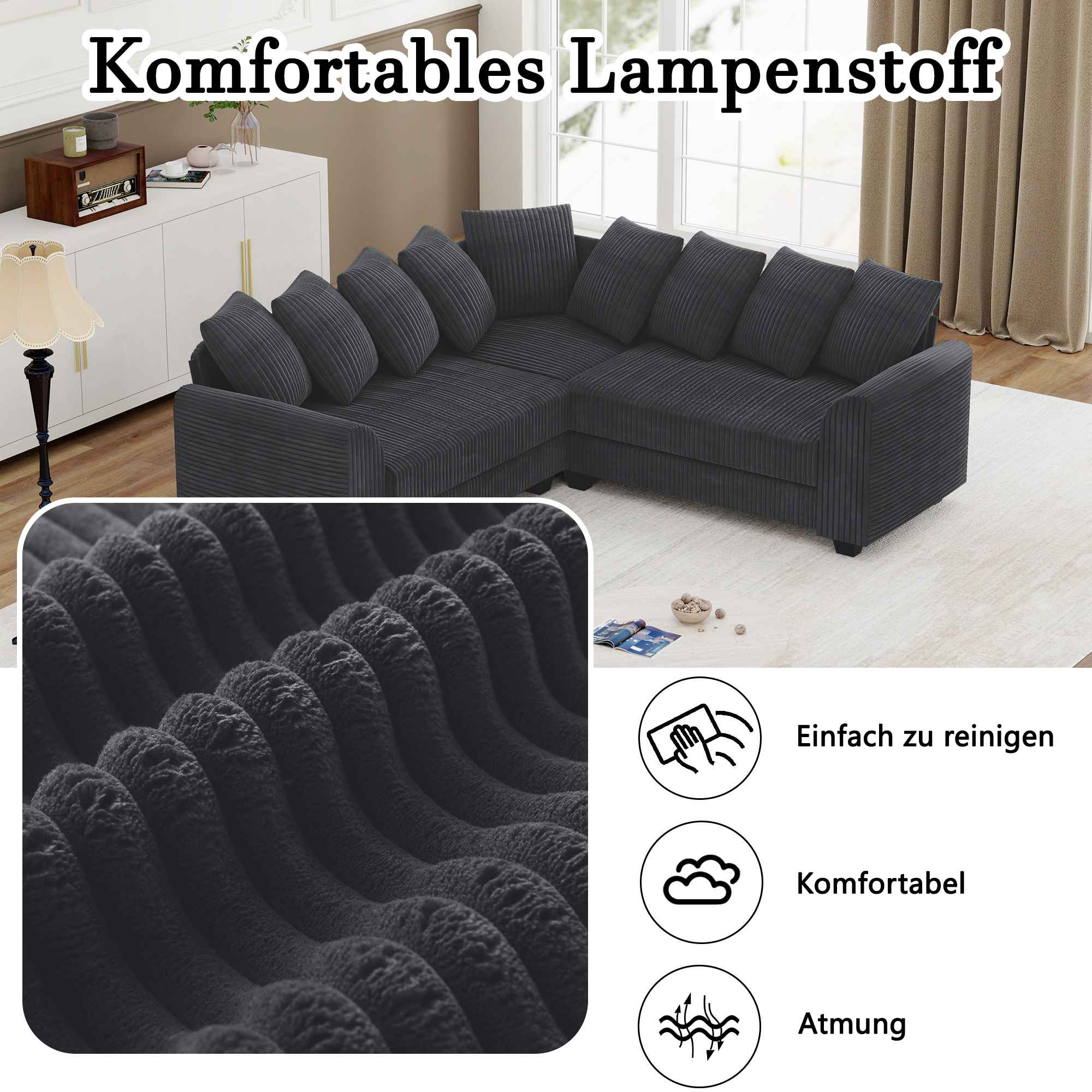 Ein dunkelgraues Ecksofa und eine Nahaufnahme des Stoffes. Symbole zeigen einfache Reinigung, Komfort und Atmungsaktivität.