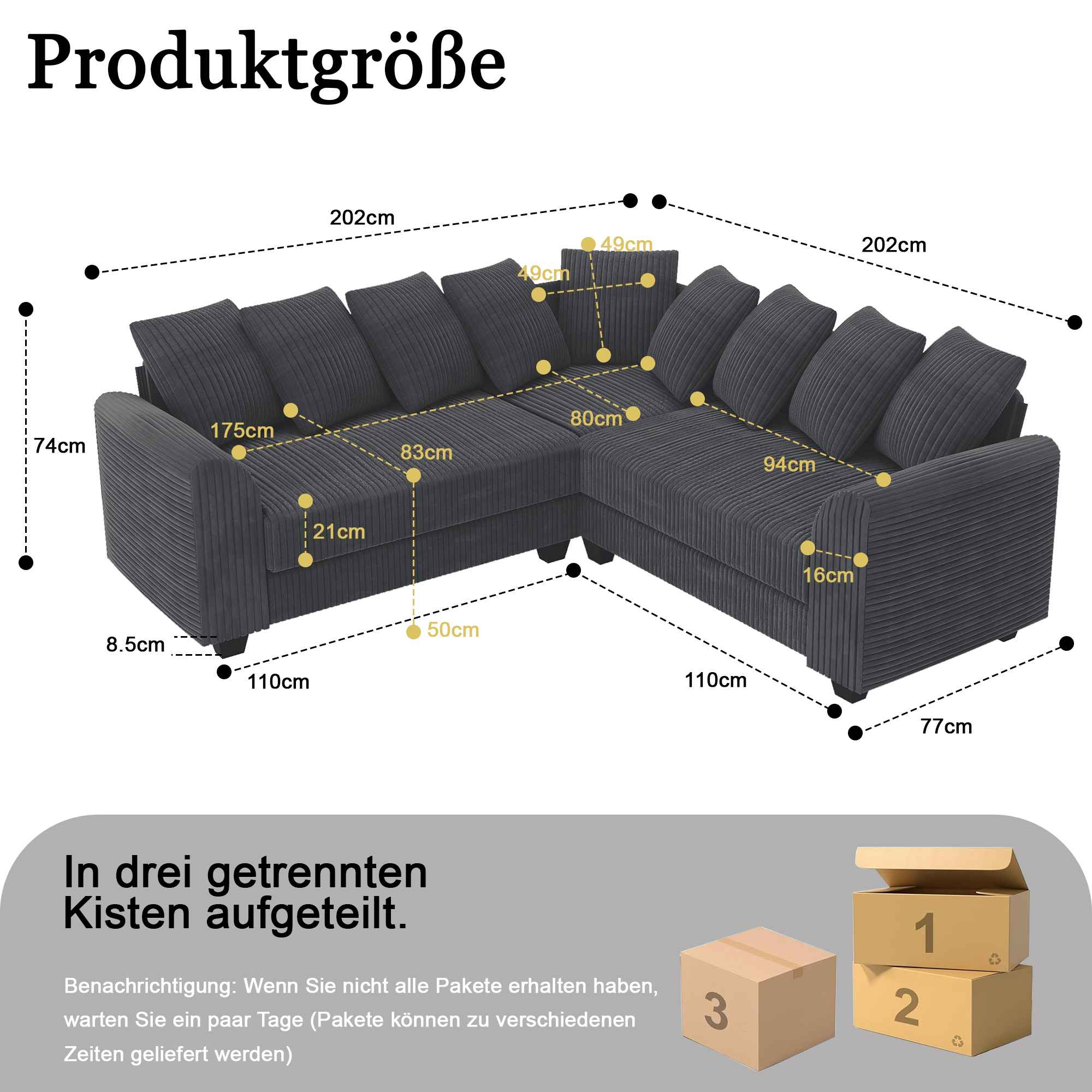 Diagramm eines grauen Ecksofas mit beschrifteten Abmessungen in Zentimetern. Drei Kästen unten.