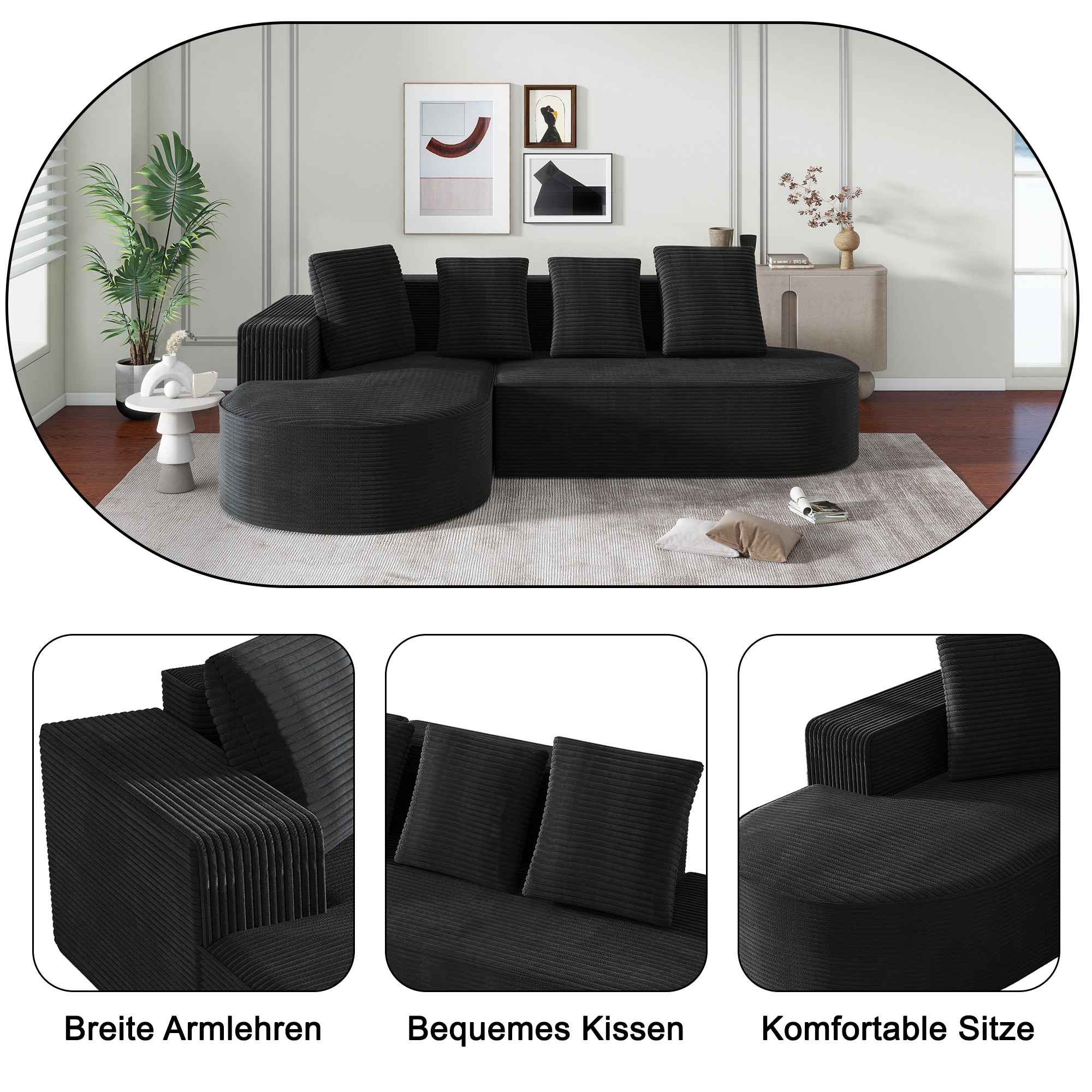 Ein schwarzes Ecksofa im Wohnzimmer, mit Nahaufnahmen der Armlehnen, Kissen und Sitzflächen.