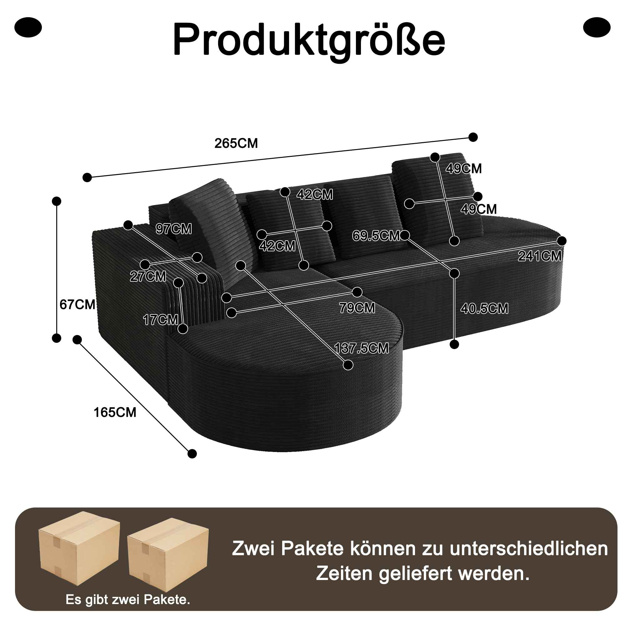 Diagramm eines schwarzen Ecksofas mit Abmessungen in Zentimetern. Zwei Pakete sind unten abgebildet.