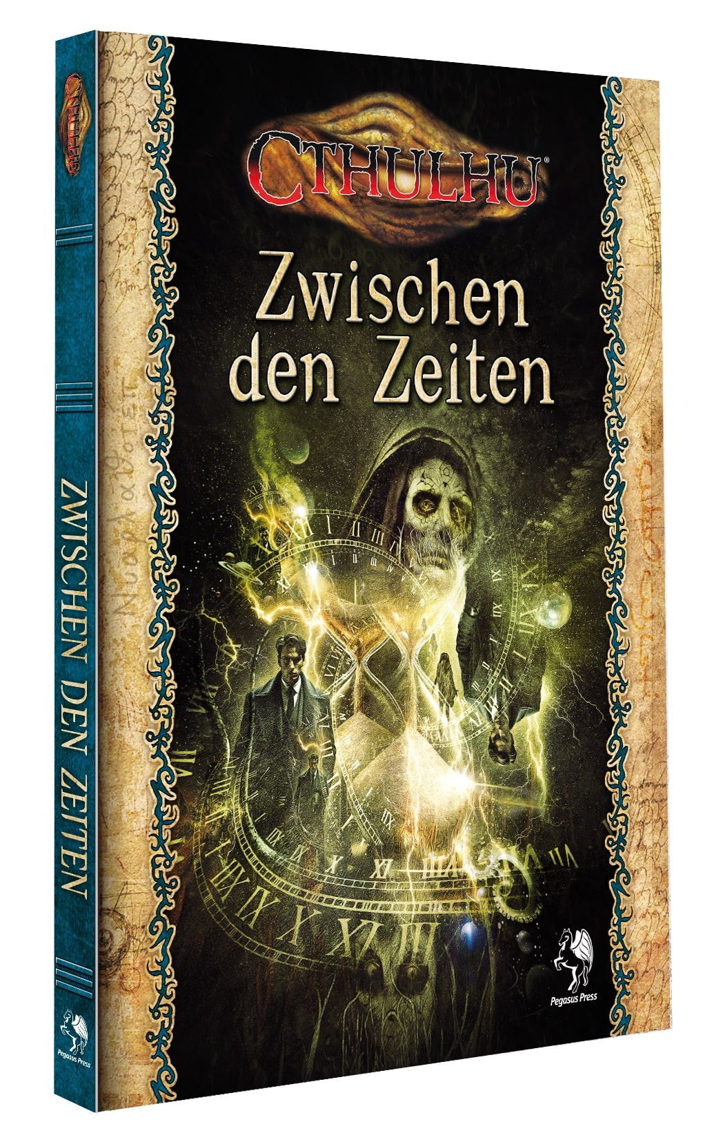 Ein Buch mit dem Titel 'Cthulhu Zwischen den Zeiten' mit einem Skelett auf dem Cover und blauem Rücken.