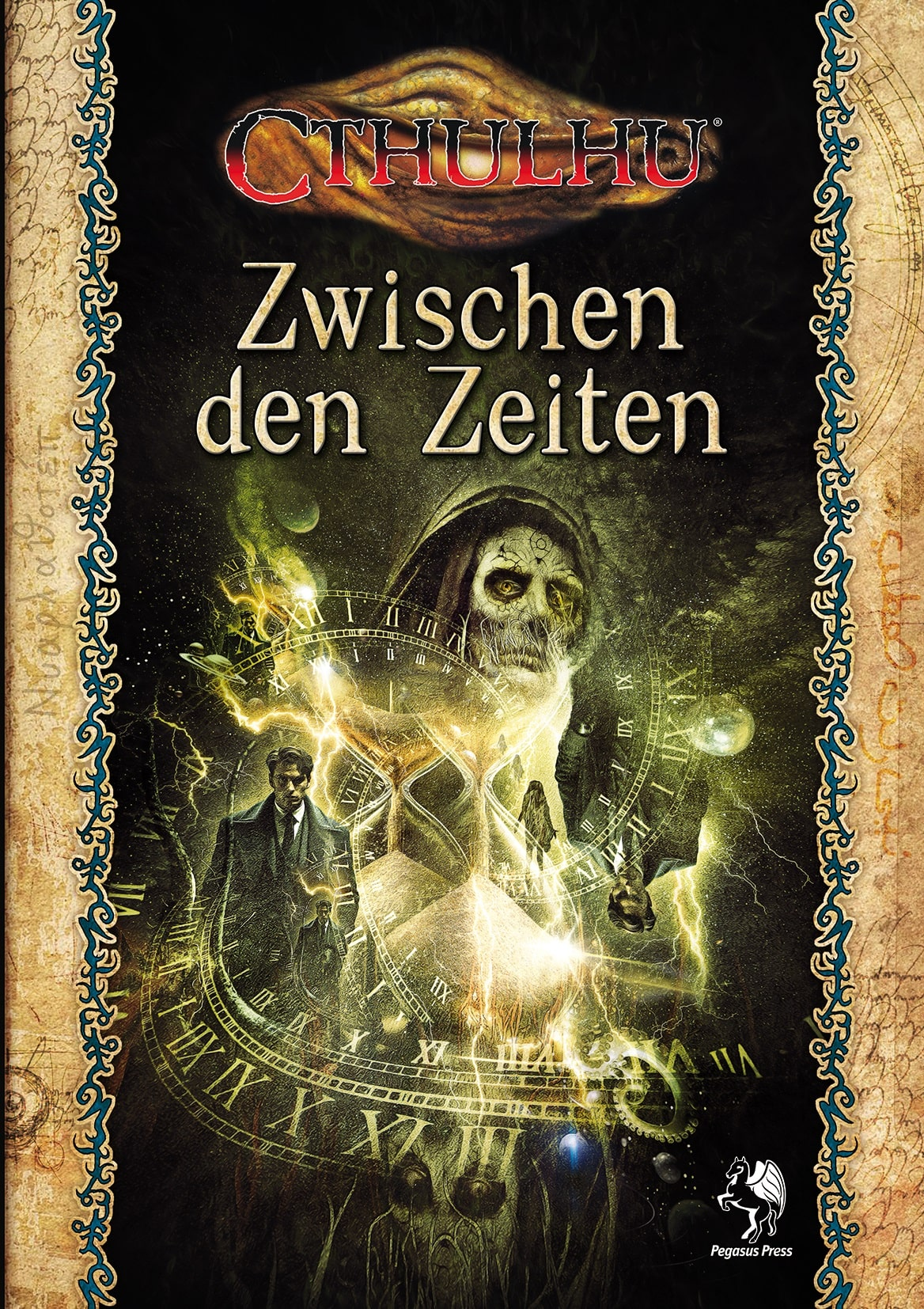 Buchcover von Cthulhu: Zwischen den Zeiten, mit einer Illustration einer Skelettfigur und Uhren.