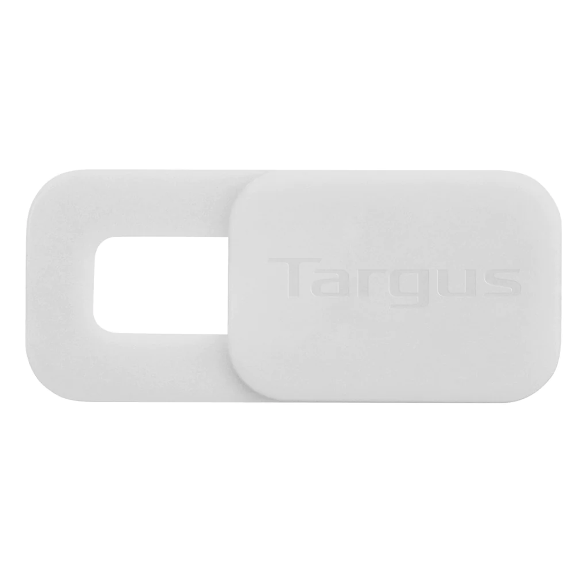 Una cubierta de webcam Targus blanca. La cubierta está cerrada.