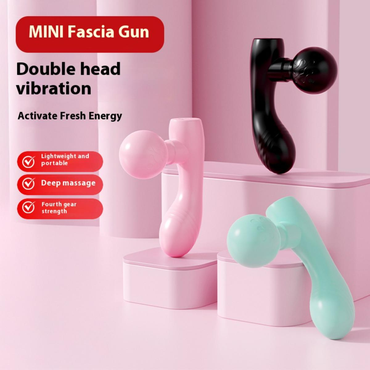 Mini-Faszienpistole mit Doppelkopfvibration. Das Bild zeigt drei Geräte in Rosa, Schwarz und Türkis.