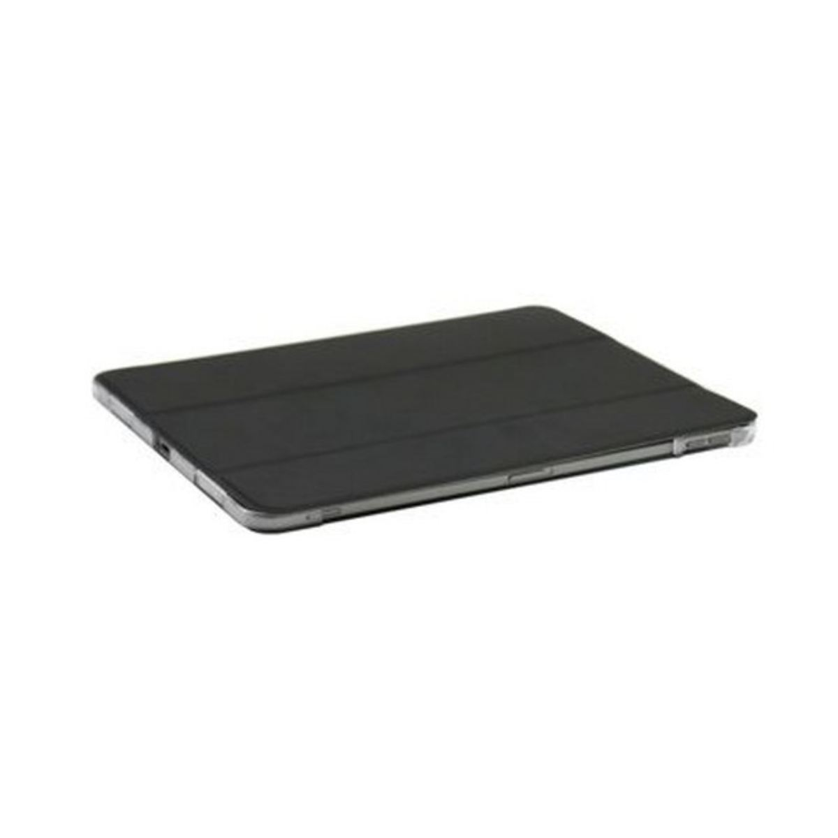 Custodia nera per tablet con cornice argentata. La custodia è chiusa e piatta su una superficie bianca.