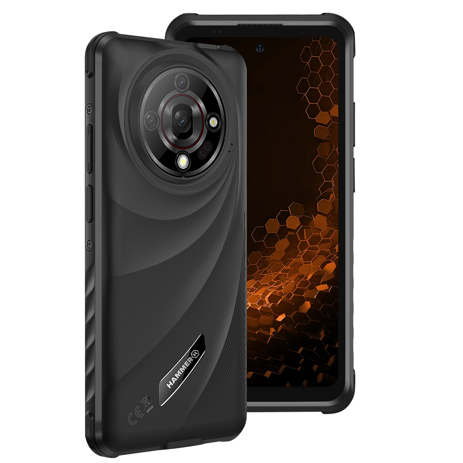 Schwarzes, robustes Smartphone mit mehreren Kameralinsen auf der Rückseite. Verfügt über ein strukturiertes Design.