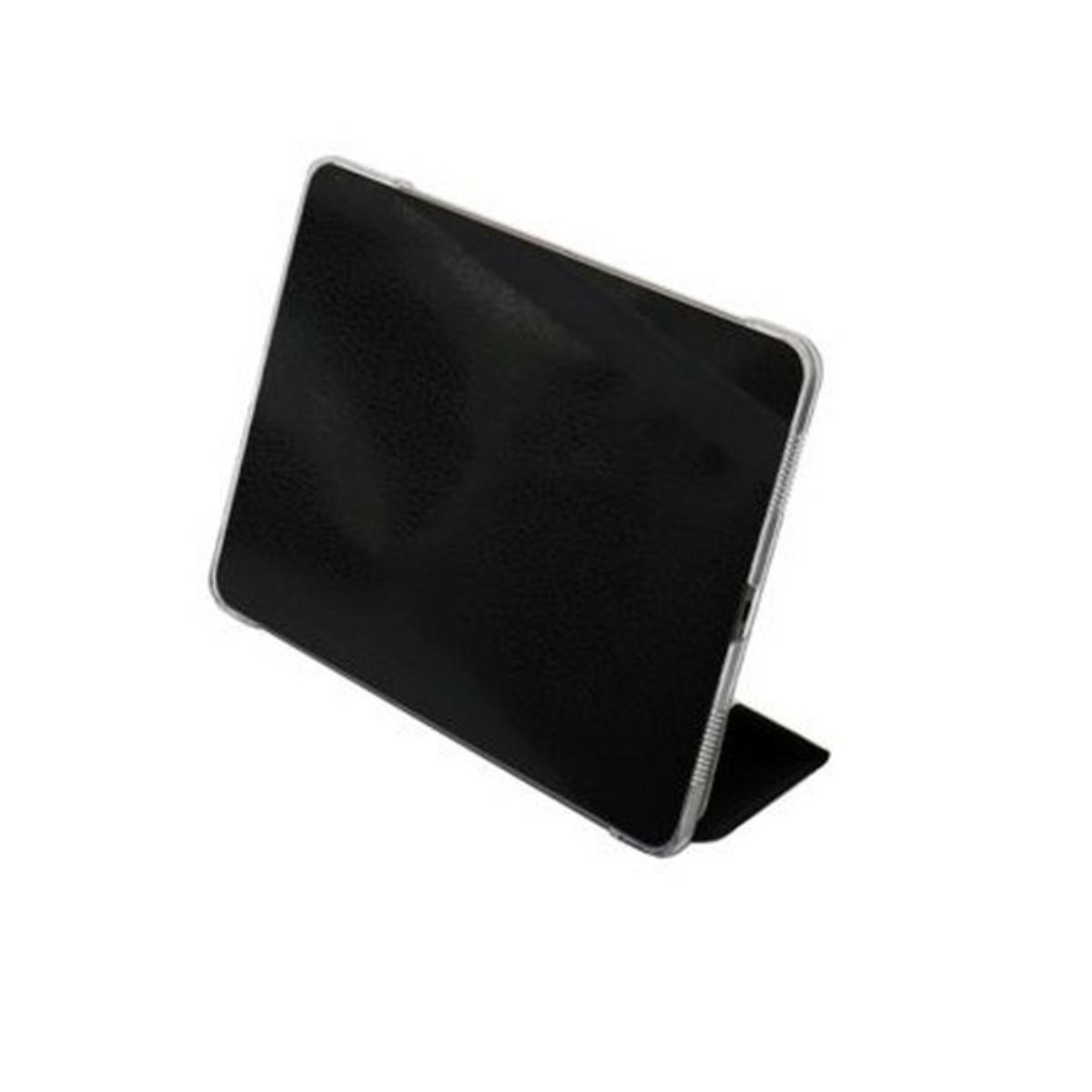 Custodia nera per tablet appoggiata. La custodia è nera e ha una cornice argentata, angolata contro uno sfondo bianco.