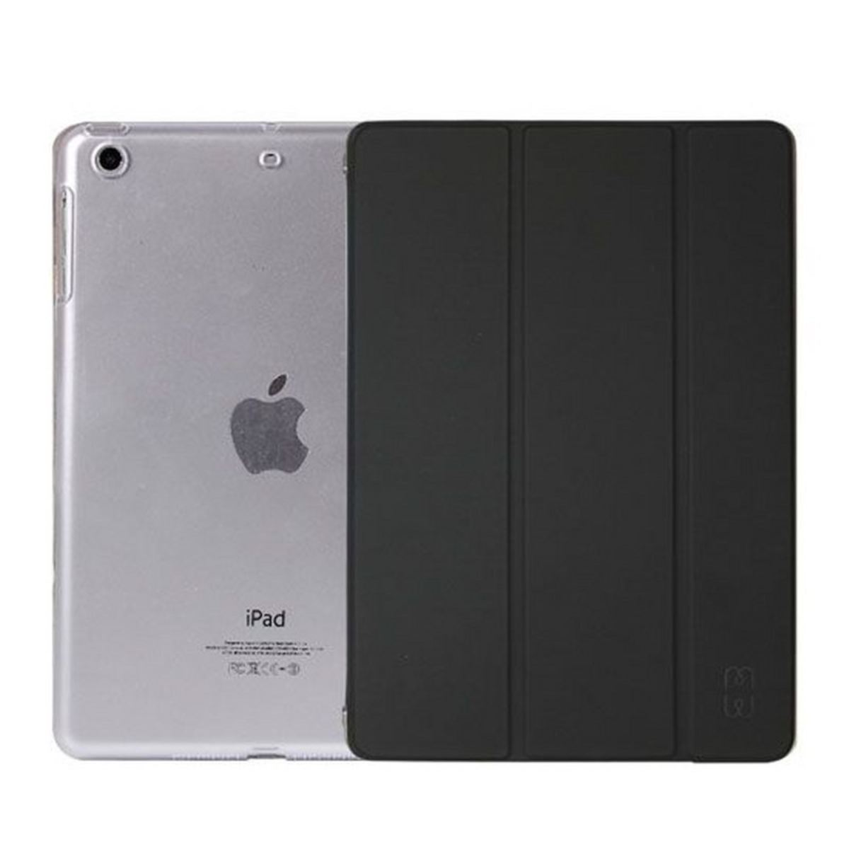 Un iPad argentato con una cover nera. Il logo Apple è visibile sul retro dell'iPad.