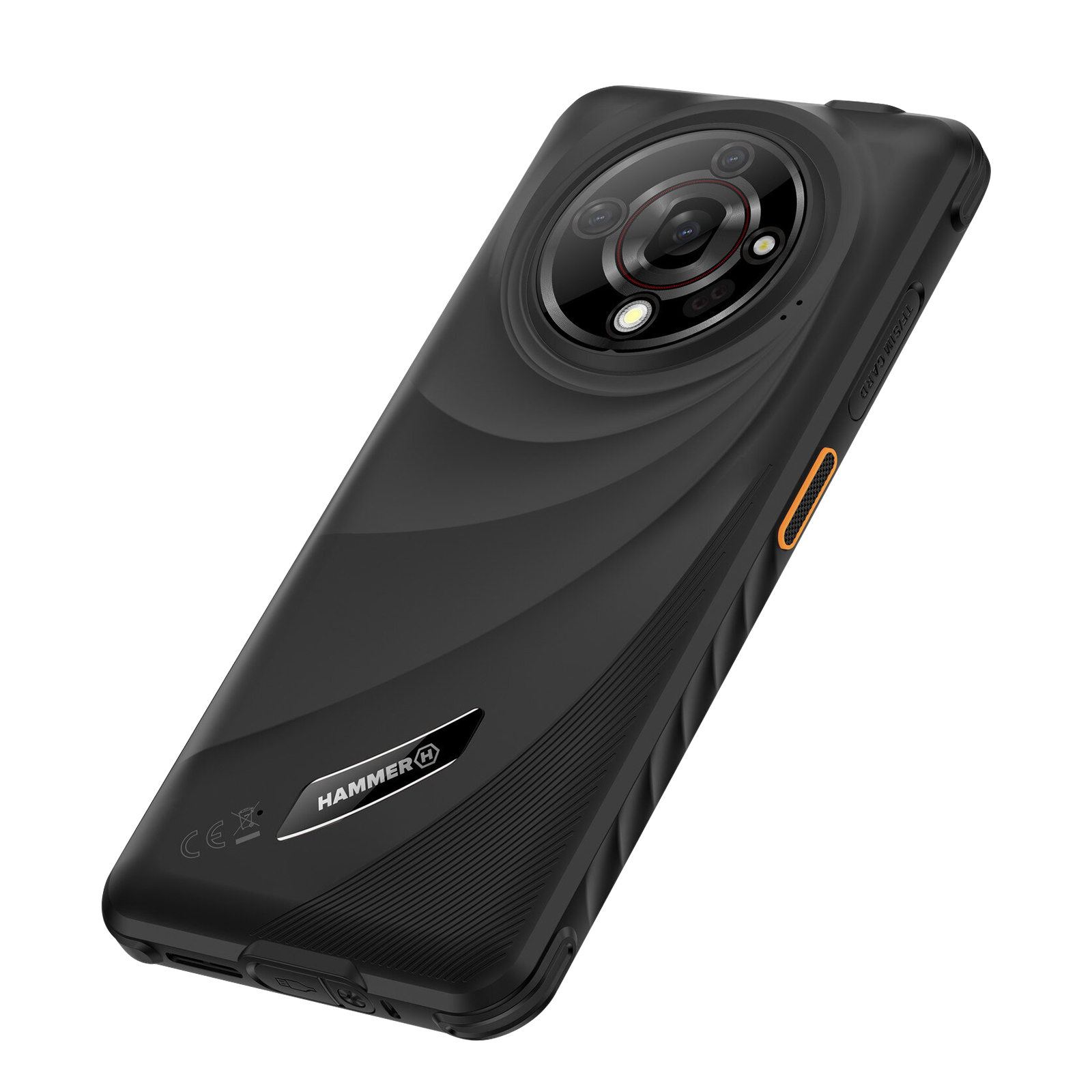 Schwarzes, robustes Smartphone, Rückansicht. Das Telefon hat eine strukturierte Oberfläche und eine Dreifach-Kamera.