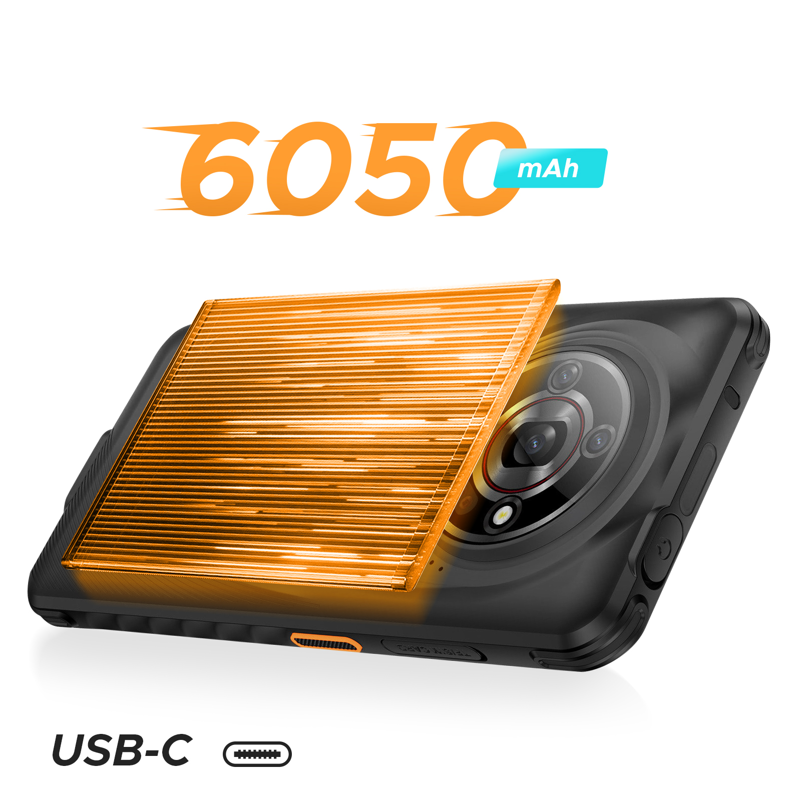 Ein schwarzes Telefon mit einem leuchtenden orangefarbenen Panel und dem Text '6050 mAh' darüber auf weißem Hintergrund.