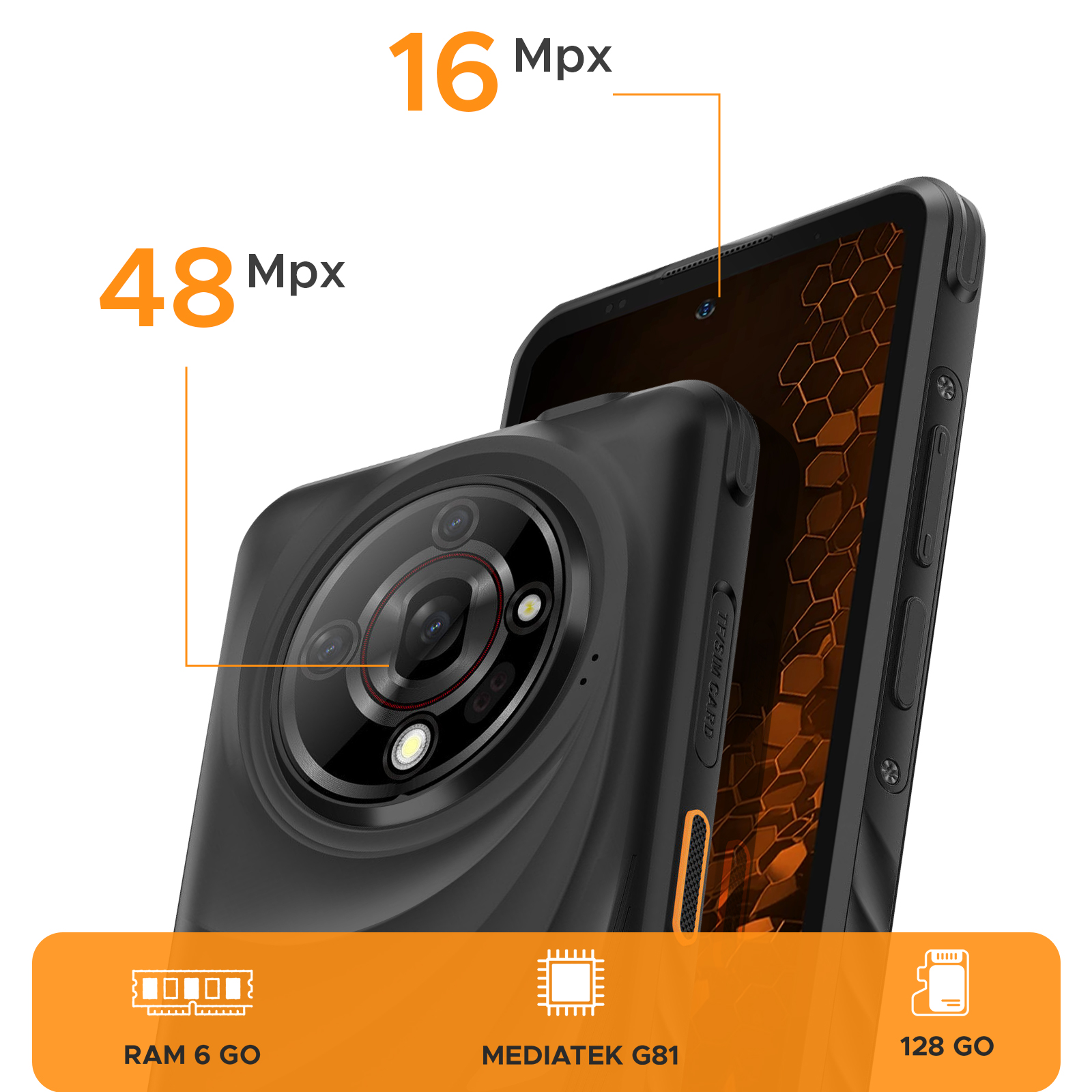 Nahaufnahme eines schwarzen Smartphones mit mehreren Kameralinsen. Enthält RAM- und Prozessor-Details.
