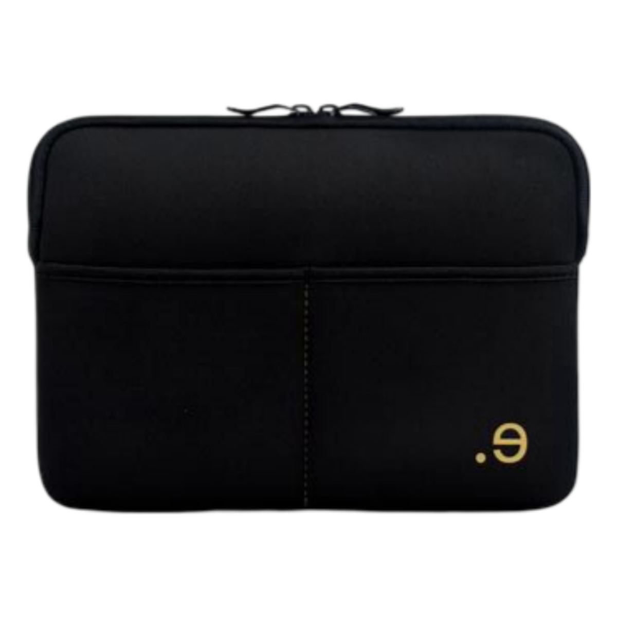 Custodia per laptop nera in neoprene con due tasche e logo '.9' dorato, vista frontale, sfondo bianco.