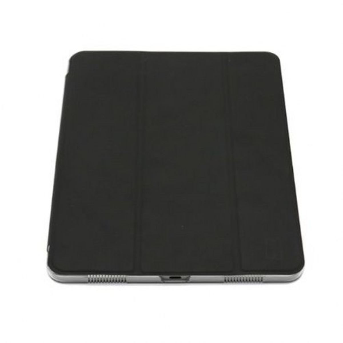 Custodia per tablet nera, chiusa, vista dall'alto. Forma rettangolare, superficie liscia. Sfondo bianco.
