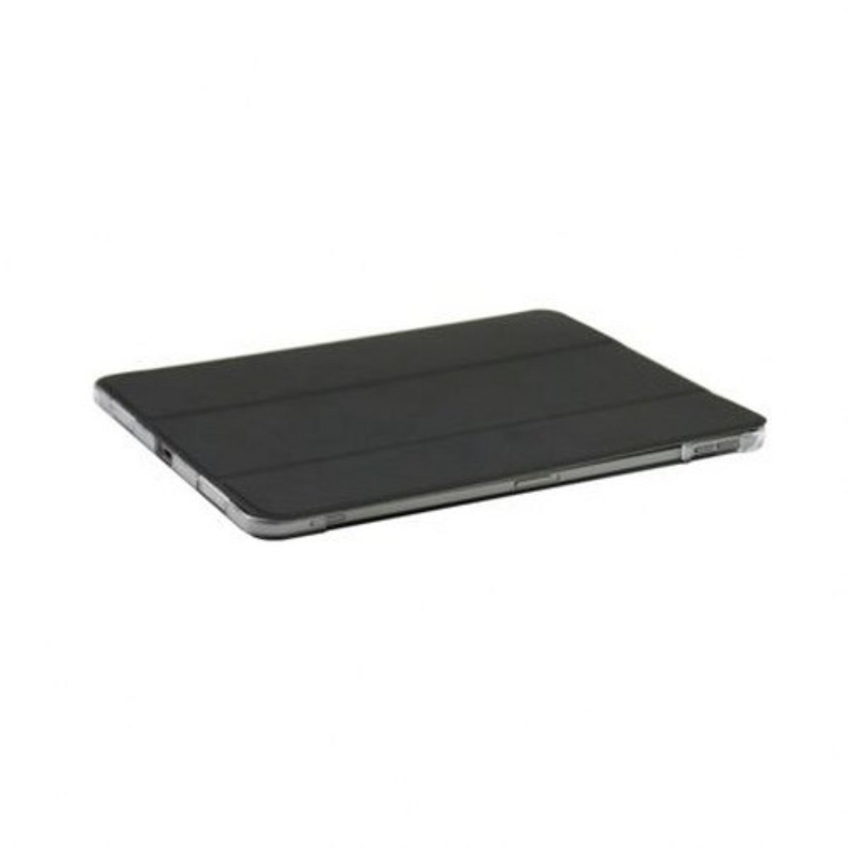 Una custodia nera per tablet, leggermente angolata, su sfondo bianco. La custodia è aperta e mostra l'interno.