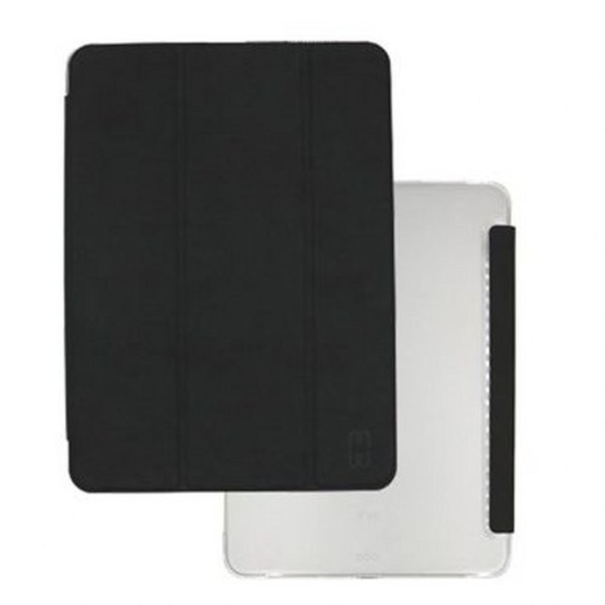 Una custodia nera per tablet con un tablet all'interno, su sfondo bianco. La custodia è aperta, mostrando il tablet.