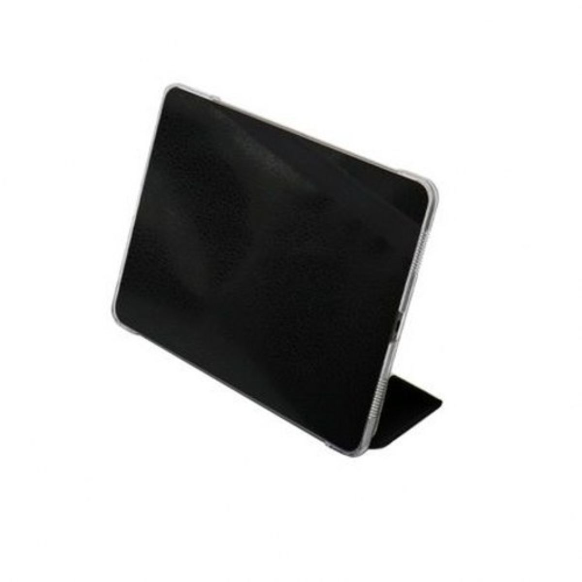 Una custodia nera per tablet, angolata, su sfondo bianco. La custodia è aperta, mostrando l'interno.