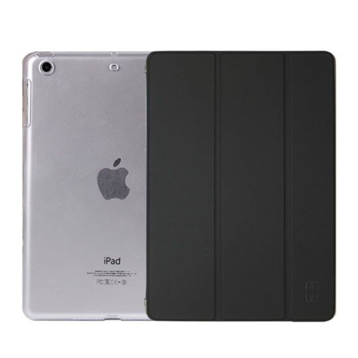 iPad con una cover nera. Retro argento visibile, logo Apple. Display nascosto. Sfondo bianco.