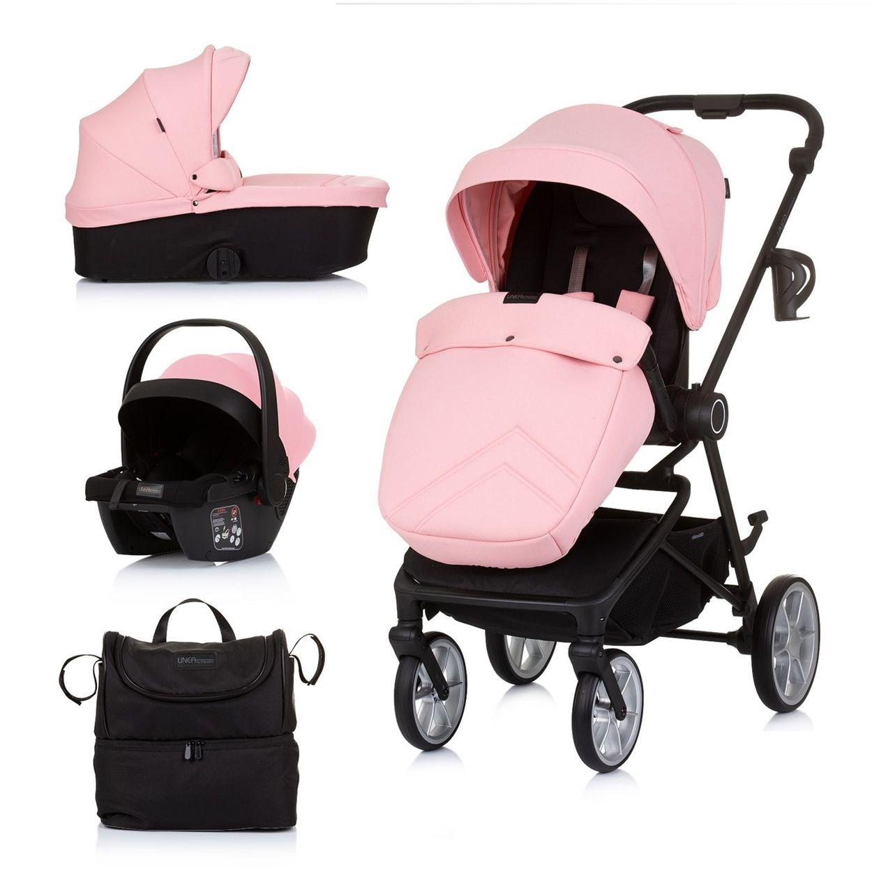 Un cochecito de bebé rosa con diferentes componentes. Incluye un capazo, un asiento de coche, una bolsa y el cochecito sobre fondo blanco.