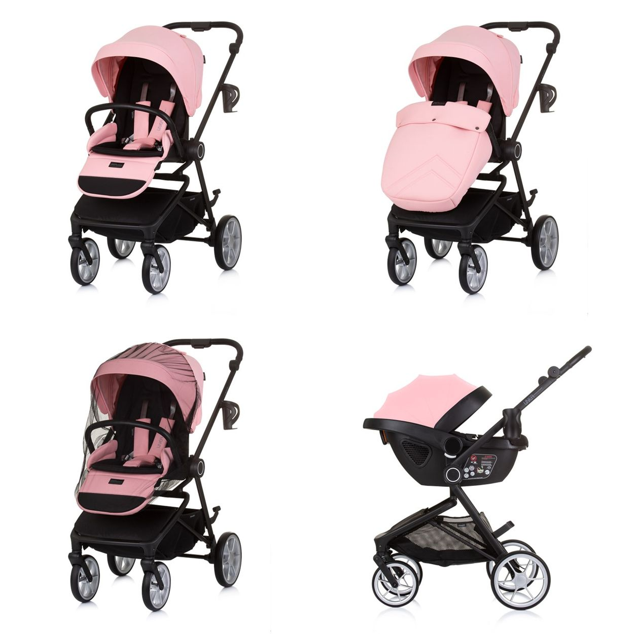 Juego de cochecito rosa en diferentes configuraciones. Incluye opciones de asiento, capota y moisés. Marco negro, fondo blanco.