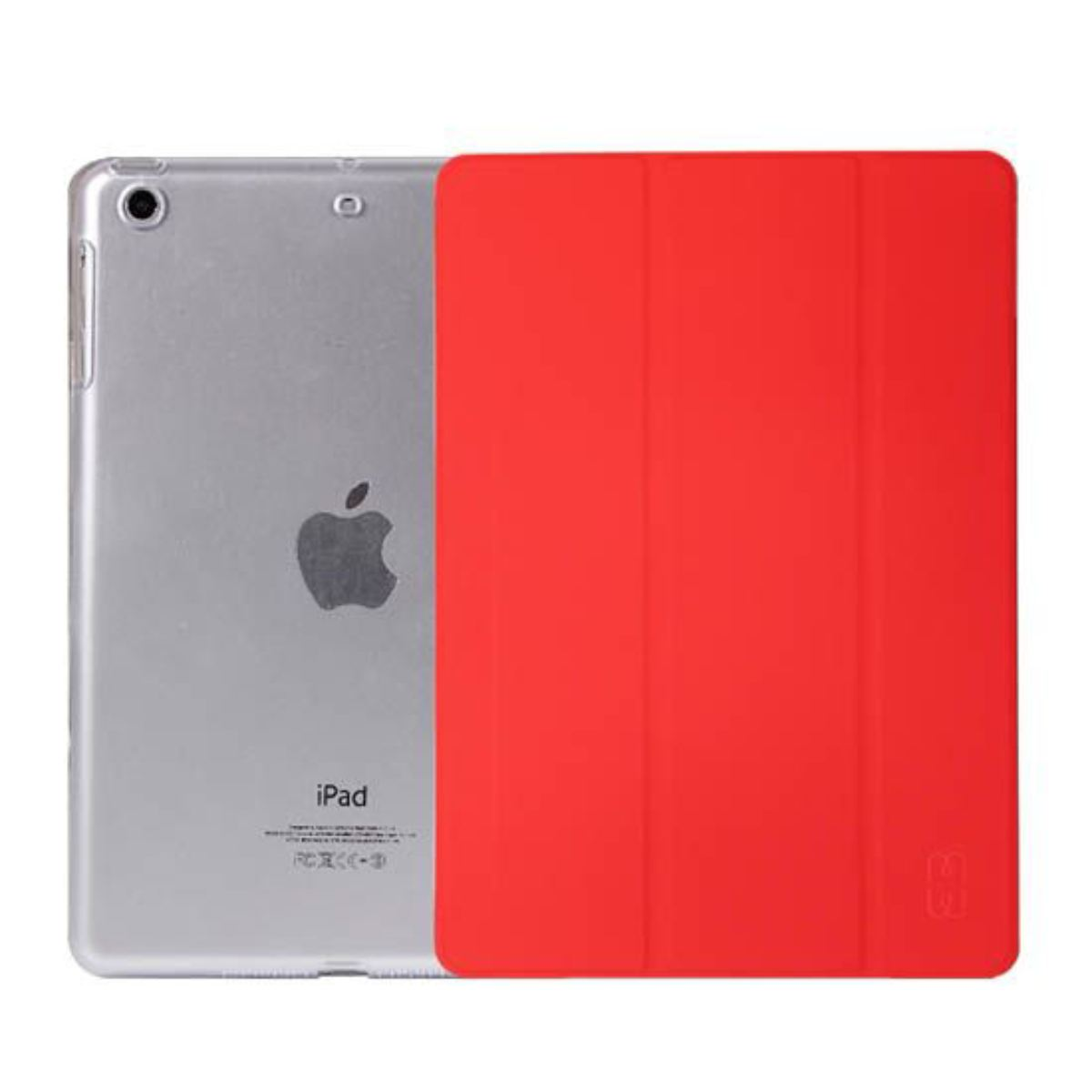Un iPad con una cover rossa è mostrato. Il retro dell'iPad è argentato con il logo Apple.