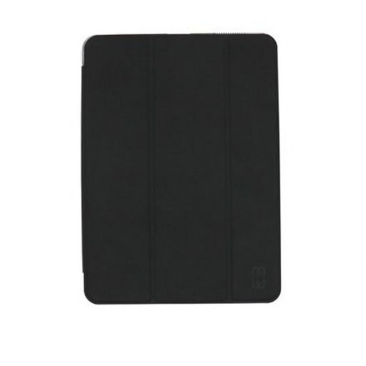 Una custodia nera per tablet. La custodia è chiusa, mostrando una superficie liscia e nera.
