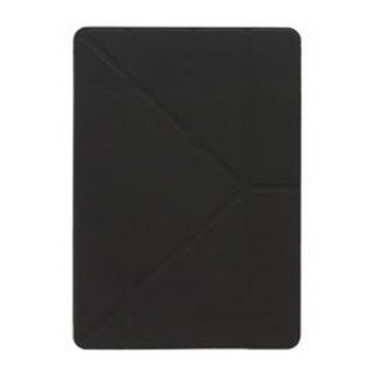 Una cover per tablet nera posata piatta, che mostra un design geometrico fatto di linee.