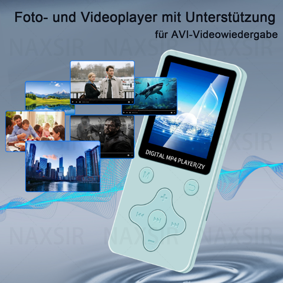 Un lettore MP4 digitale con varie miniature video sullo schermo. Il testo in tedesco è visibile.