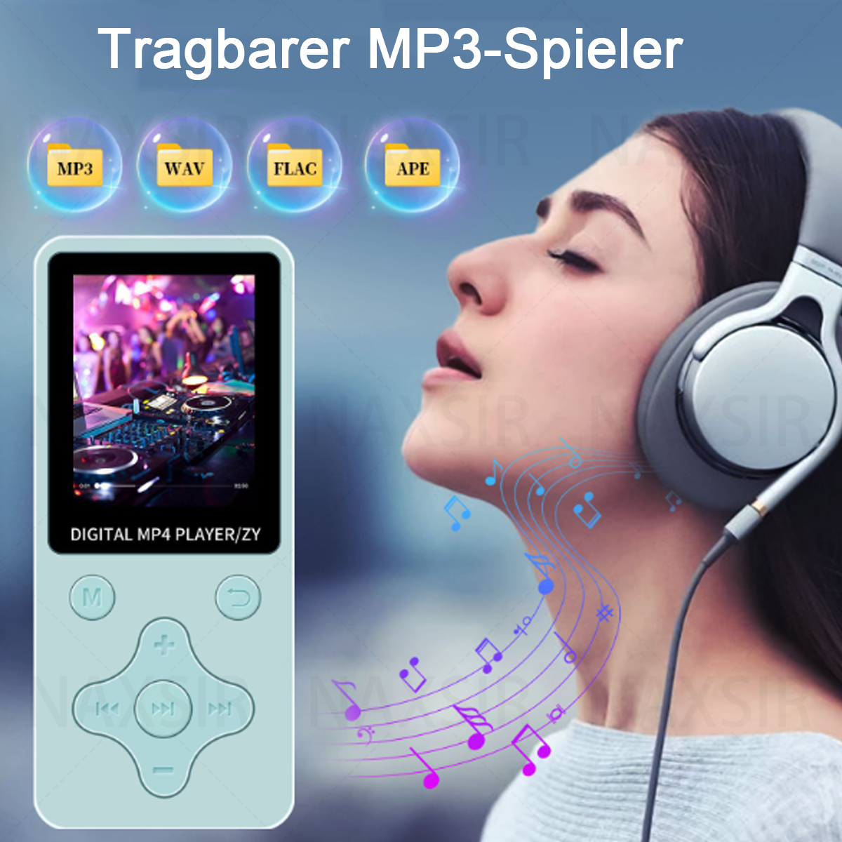 Donna che ascolta musica su un lettore MP3. Note musicali colorate. Sfondo blu.