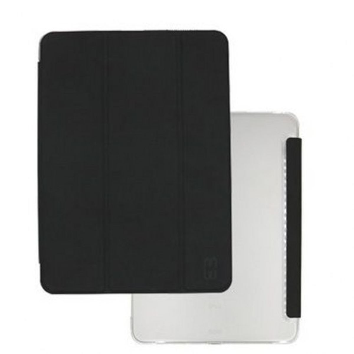Una custodia nera per tablet accanto a un tablet argentato. La custodia nera è aperta.