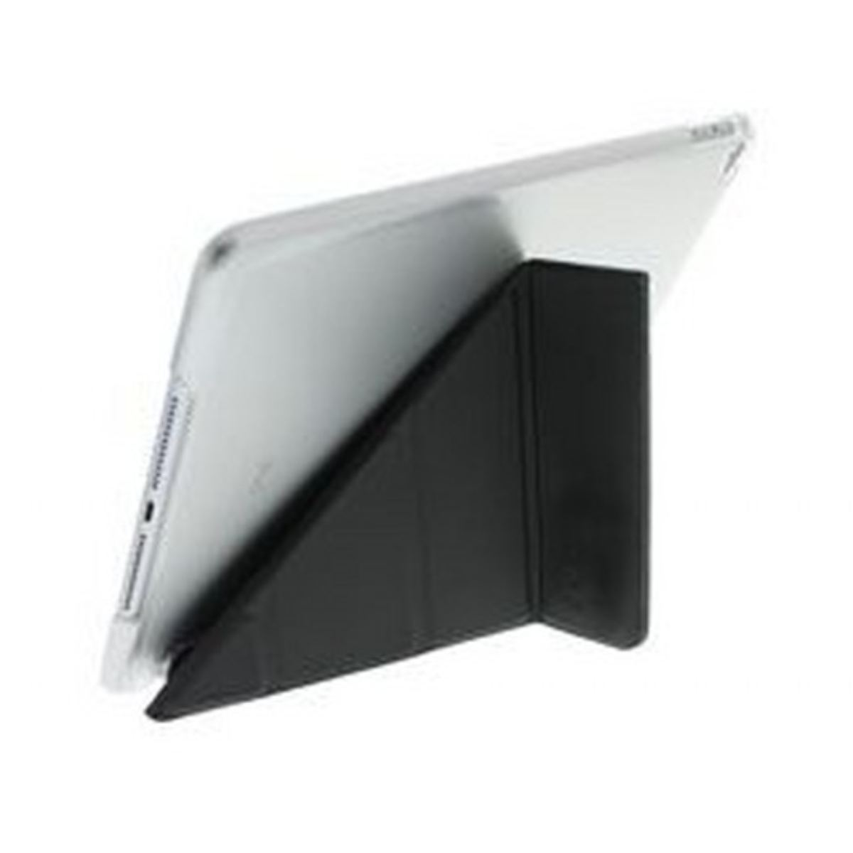 Un tablet con una custodia nera è appoggiato ad angolo su una superficie bianca, la custodia funge da supporto.