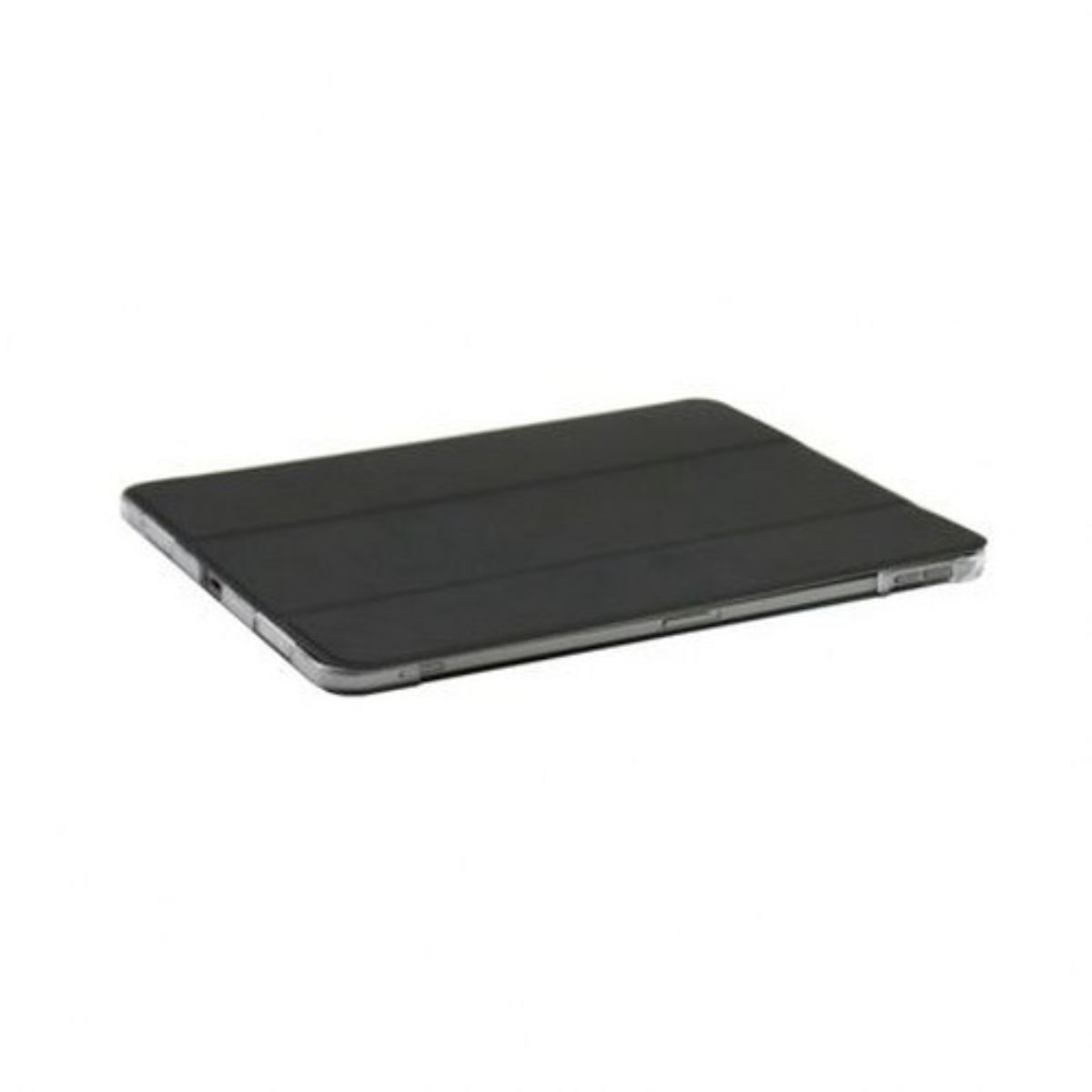 Una cover per tablet nera è mostrata piatta. La parte superiore è liscia e i bordi sono visibili.