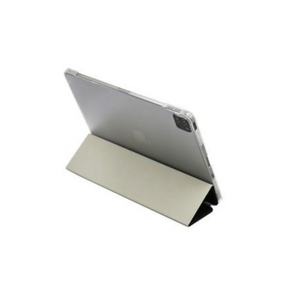 Un tablet è puntellato con una custodia nera, mostrando il retro del tablet. La custodia è di colore chiaro.