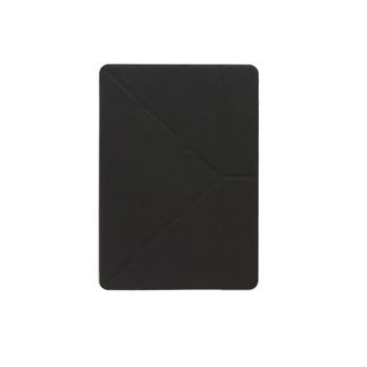 Una custodia per tablet nera, chiusa, con un design geometrico sulla cover. È su sfondo bianco.