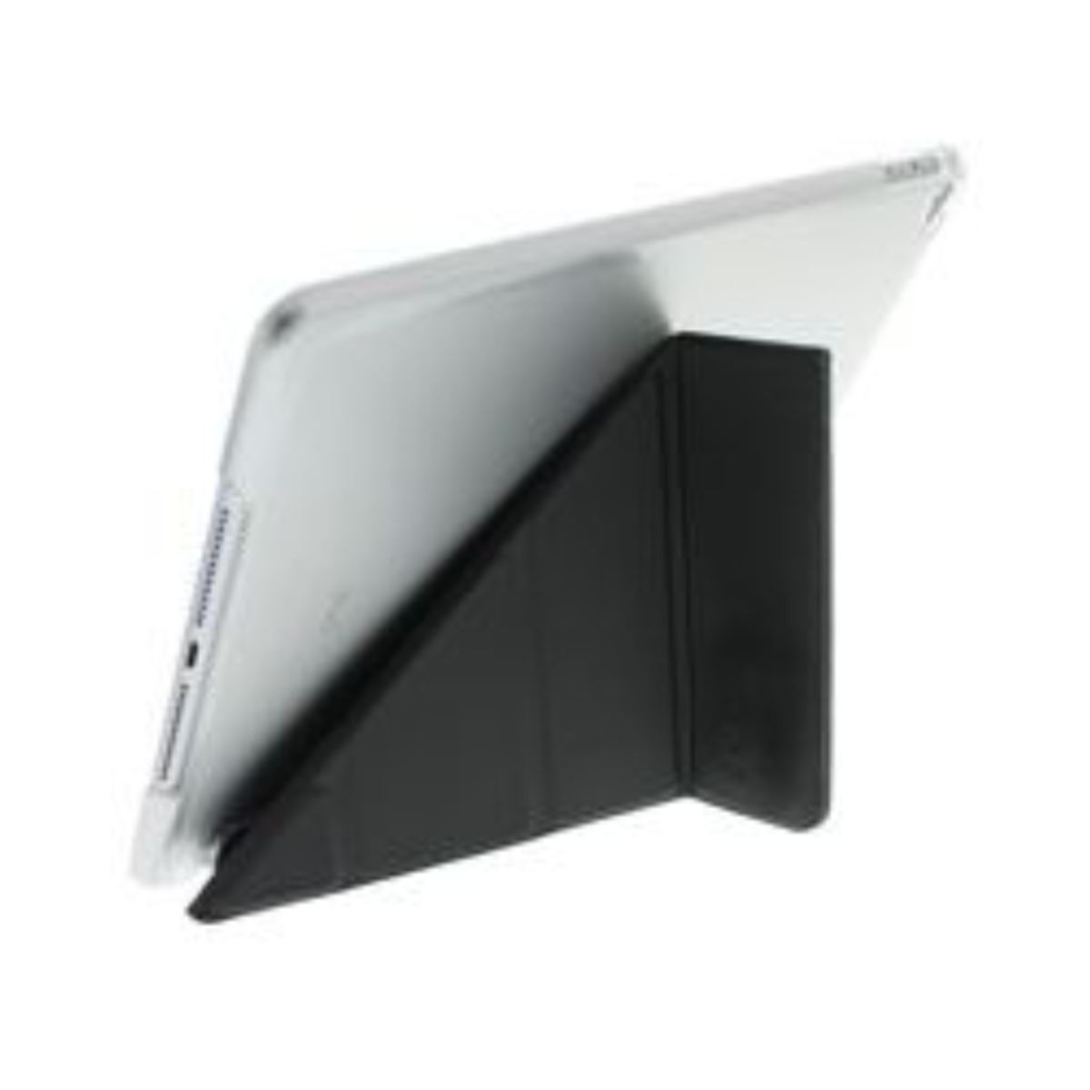 Un tablet supportato su un supporto nero, su sfondo bianco.