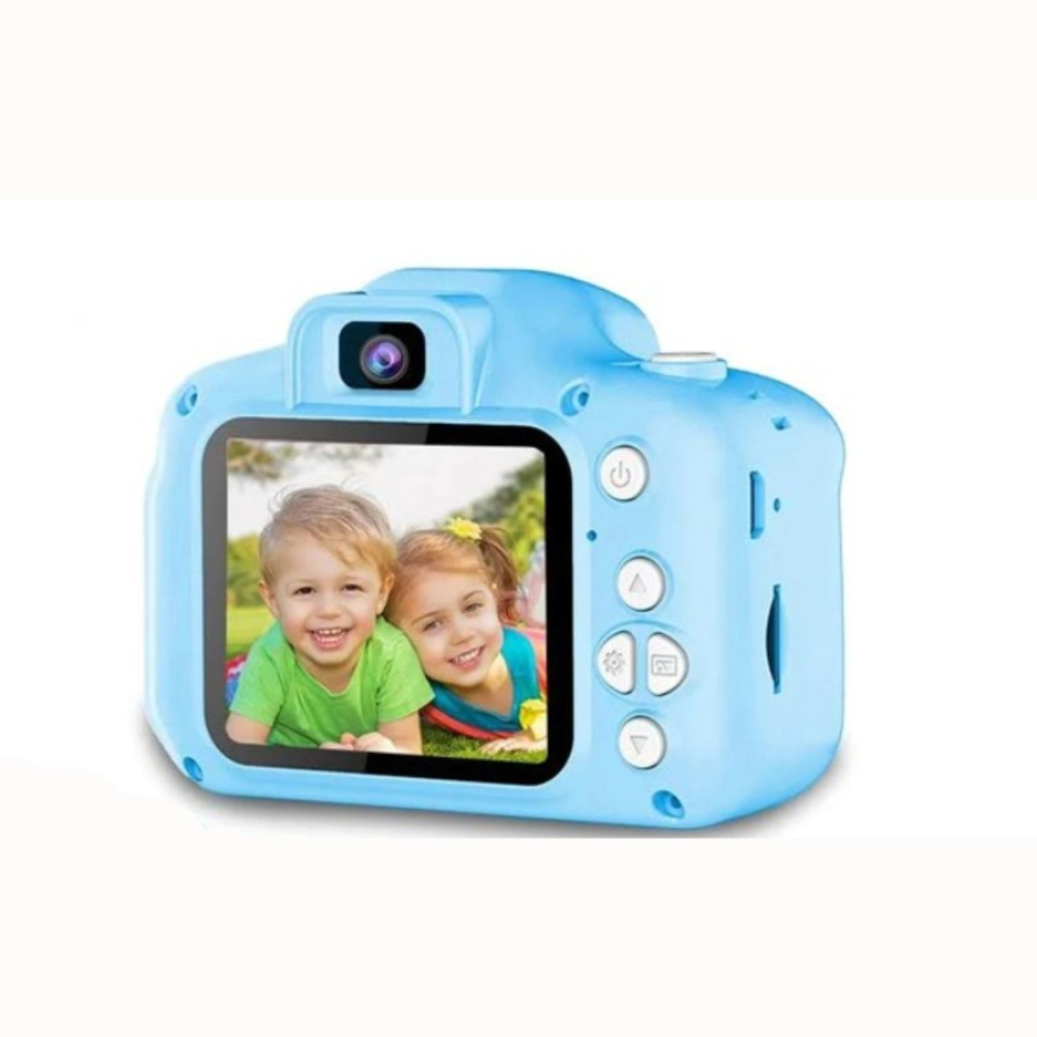 Eine hellblaue Kamera, die zwei lächelnde Kinder vor grünem Hintergrund zeigt.
