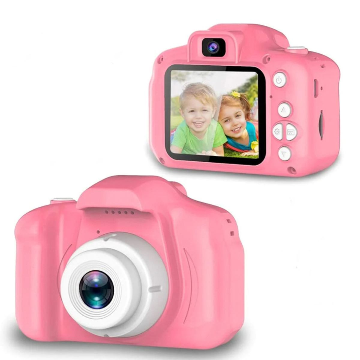 Rosa Kinder-Digitalkamera. Zeigt ein Foto von zwei Kindern auf dem Bildschirm.