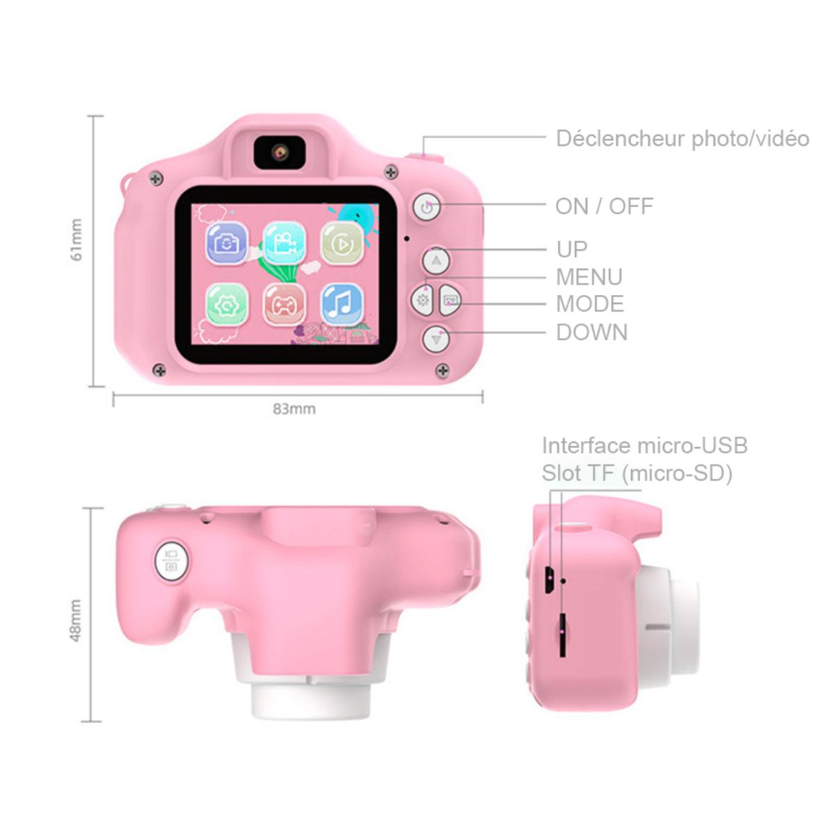 Rosa Kinder-Digitalkamera. Zeigt Abmessungen und Knöpfe.