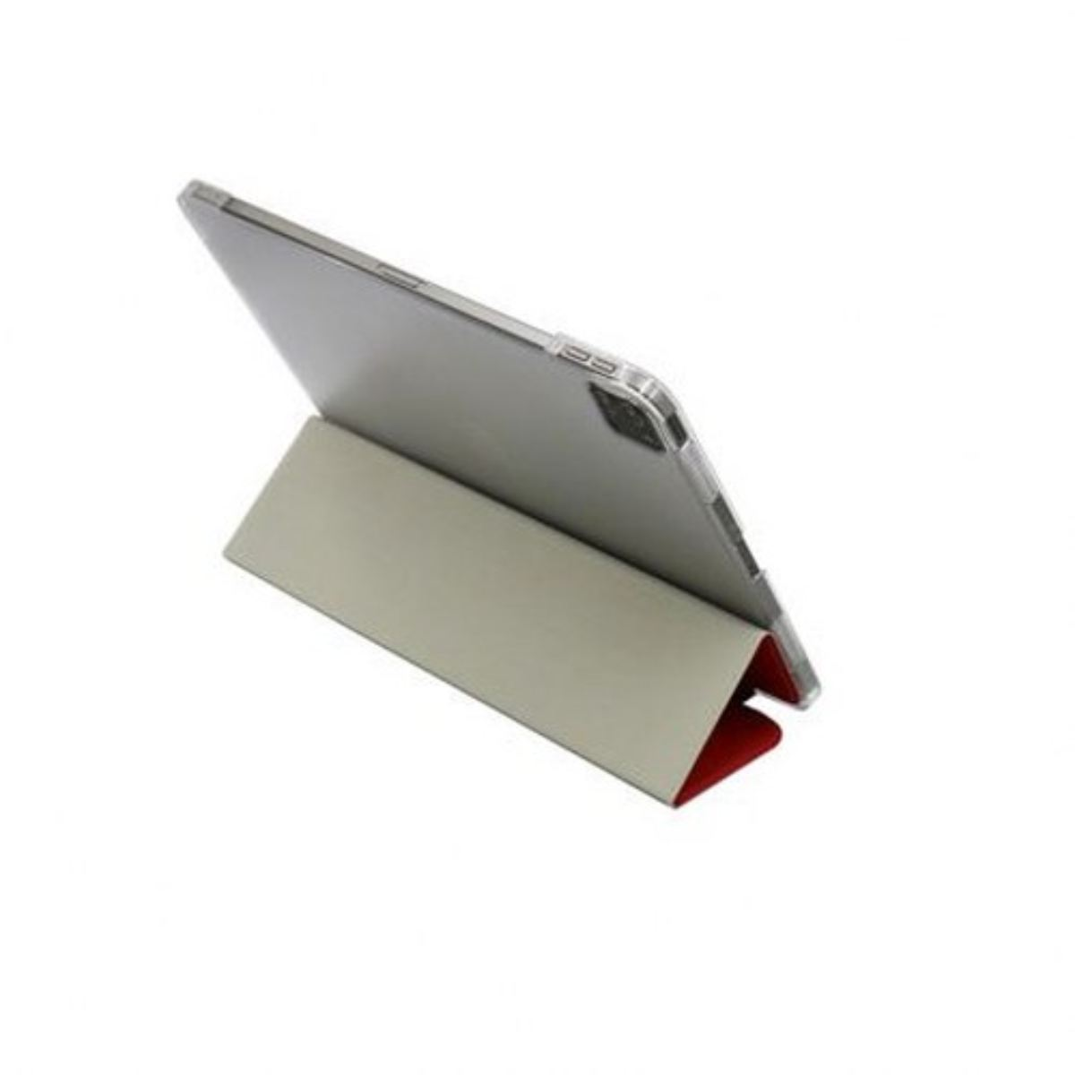 Un tablet è in una custodia ripiegata per sostenere il dispositivo ad angolo. La custodia è grigia e rossa.