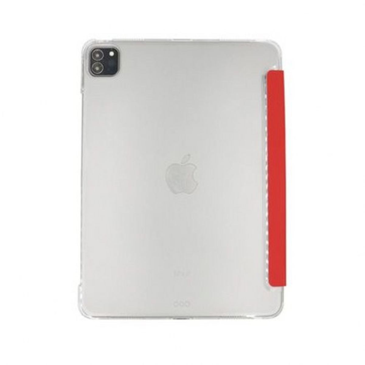 Tablet argentato con una cover rossa attaccata lateralmente, logo Apple visibile.