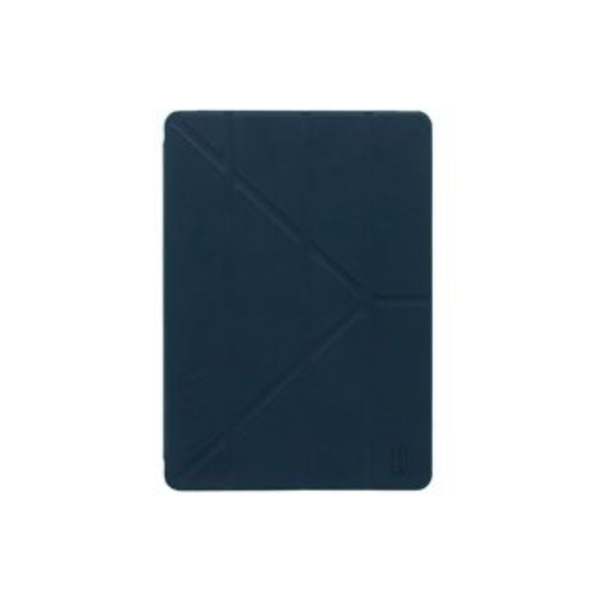 Una custodia per tablet blu scuro, chiusa e piatta. La custodia ha un design geometrico con un logo visibile.