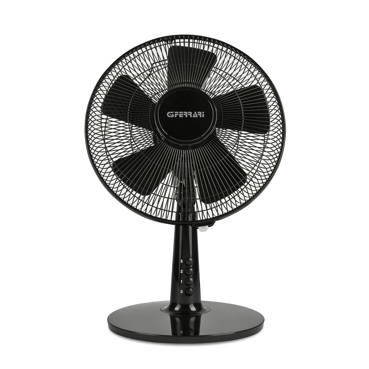 Czarny wentylator elektryczny z pięcioma łopatkami i okrągłą podstawą.