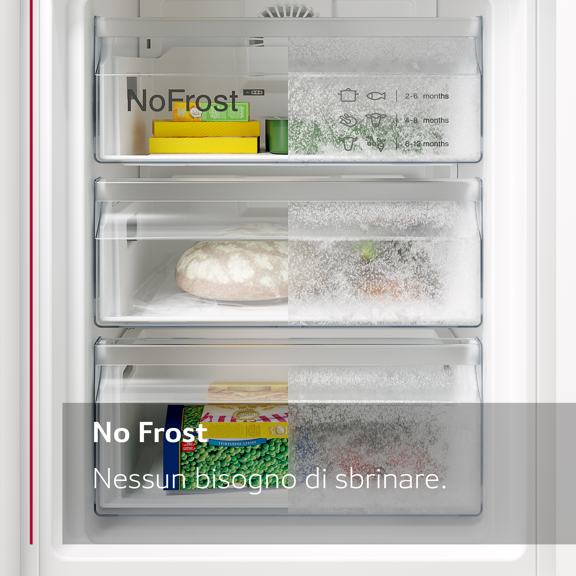Gefrierfach mit drei transparenten Schubladen. Enthält Tiefkühlkost. Text: No Frost.
