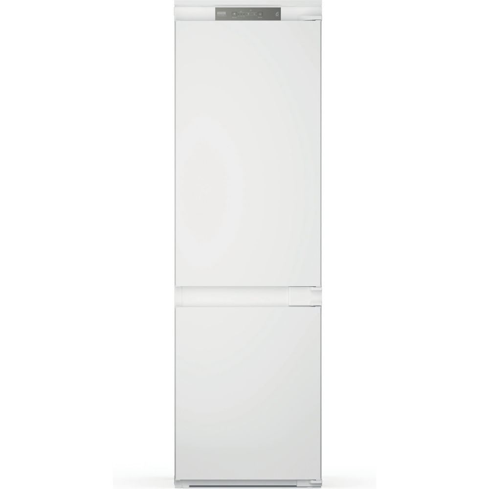 Un frigorífico blanco con diseño moderno, cerrado, sobre un fondo blanco.