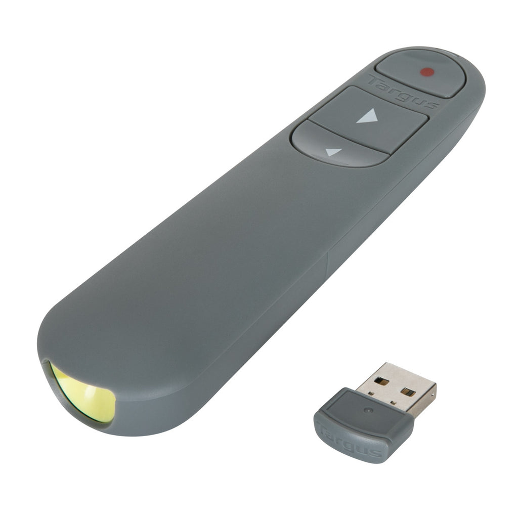 Un control remoto de presentación Targus gris con tres botones, una luz roja y un receptor USB.