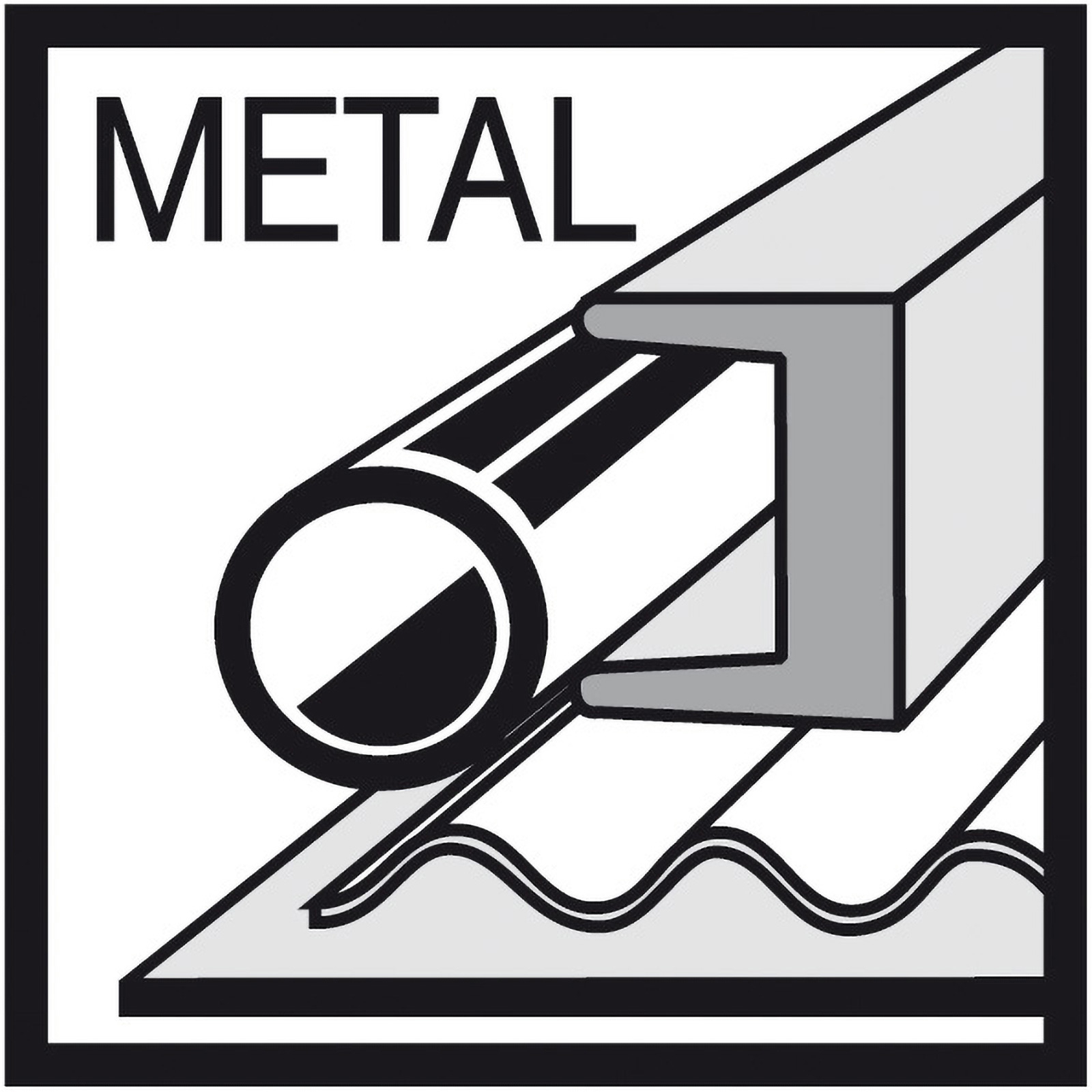 Ein Schwarz-Weiß-Diagramm mit dem Text 'METAL', das ein gebogenes Metallrohr und ein quadratisches Metallstück zeigt.