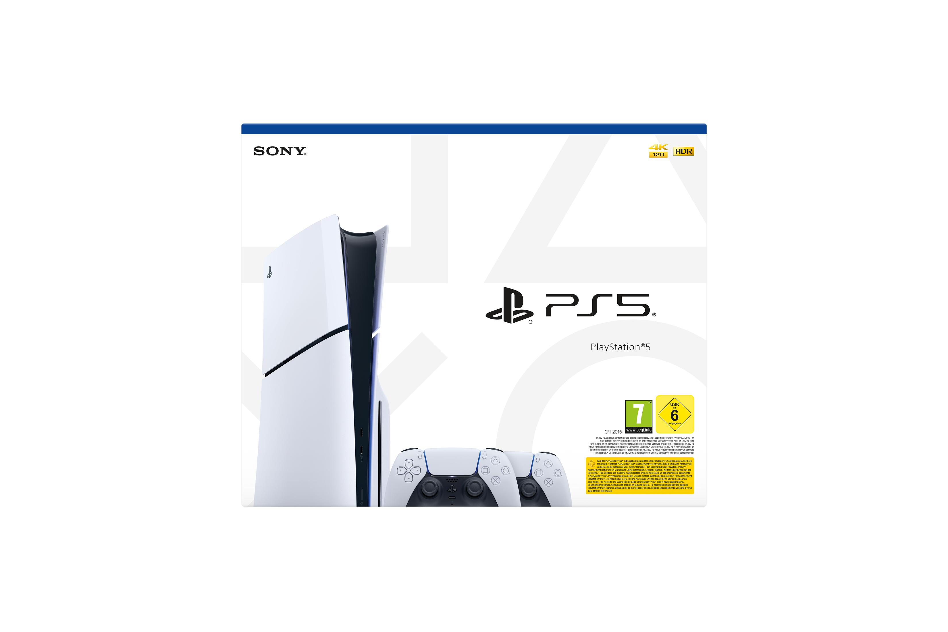 Biała konsola PS5 i kontroler na pudełku z logo PS5 i informacjami.