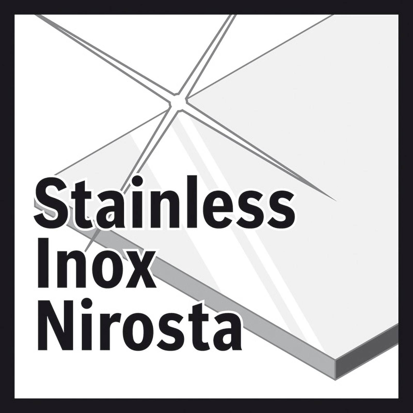 Grafik mit Text "Stainless Inox Nirosta" und Winkellinien auf quadratischem Hintergrund.