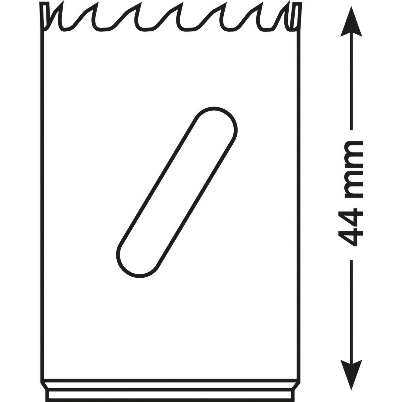 Eine schwarz-weiße Diagramm einer Lochsäge, mit einem Maß von 44 mm.