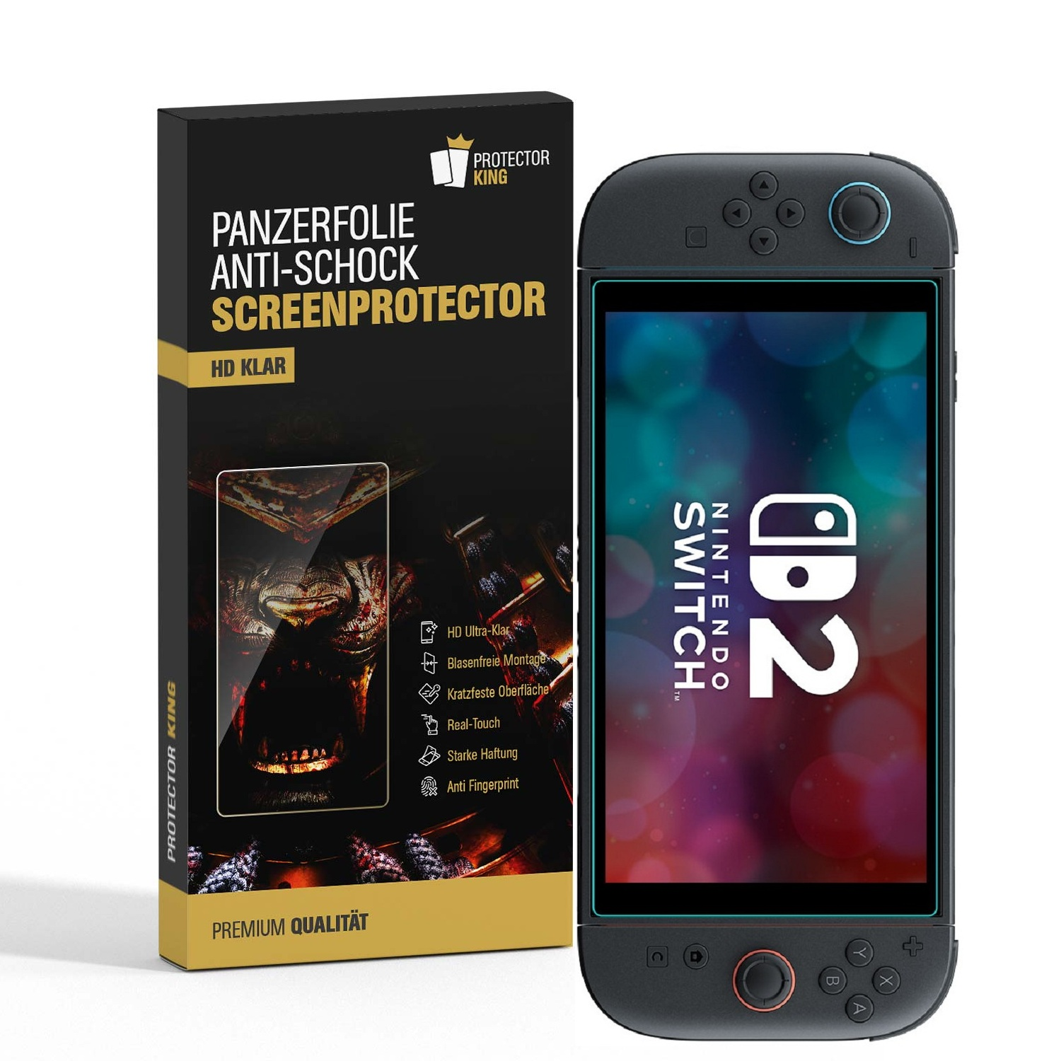 Eine Nintendo Switch-Konsole mit Displayschutzfolie und einer Box mit der Aufschrift 'Panzerfolie'.