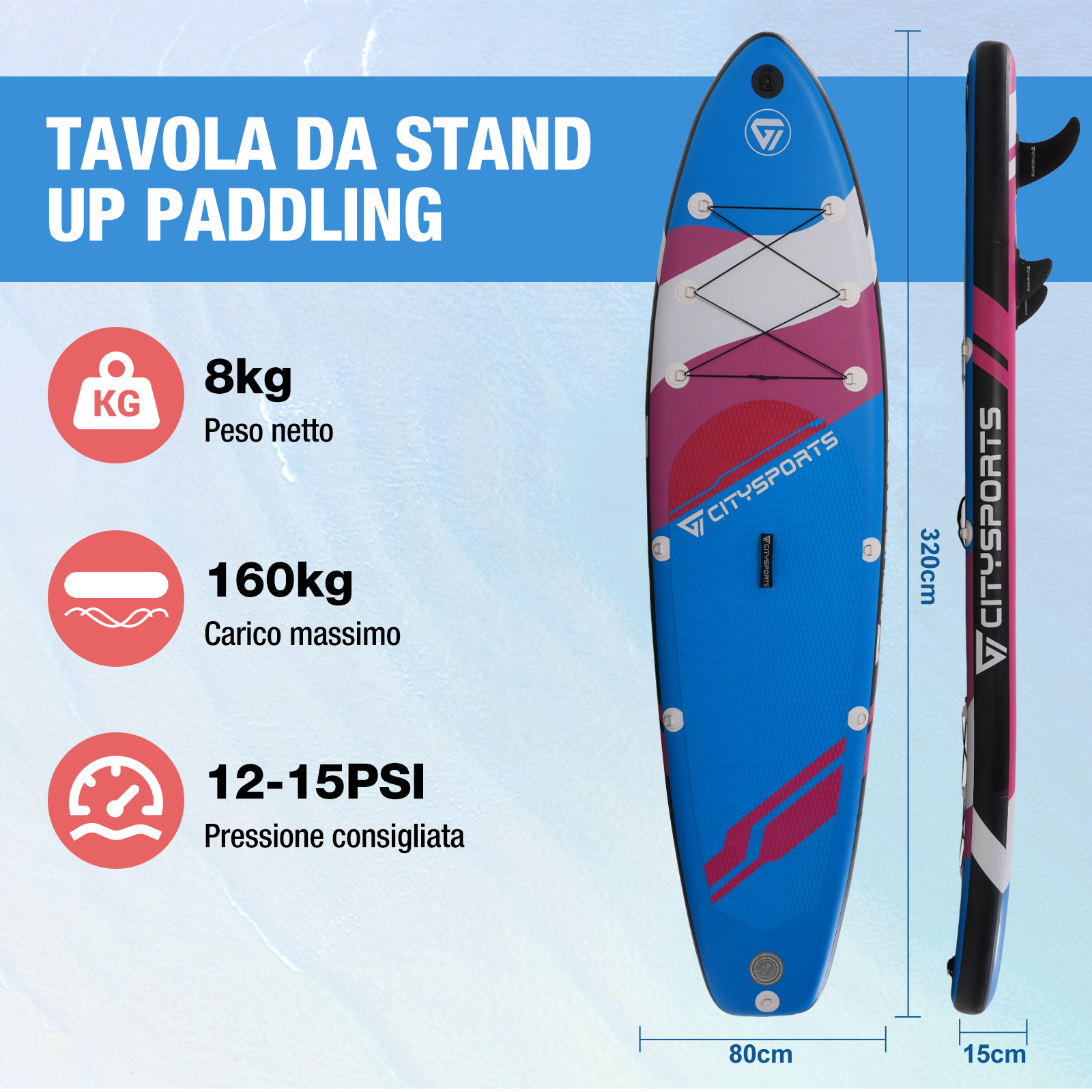 SUP Board gonfiabile 10', 305 x 71 x 10 cm + pagaia + pompa manuale + zaino da trasporto + kit di riparazione